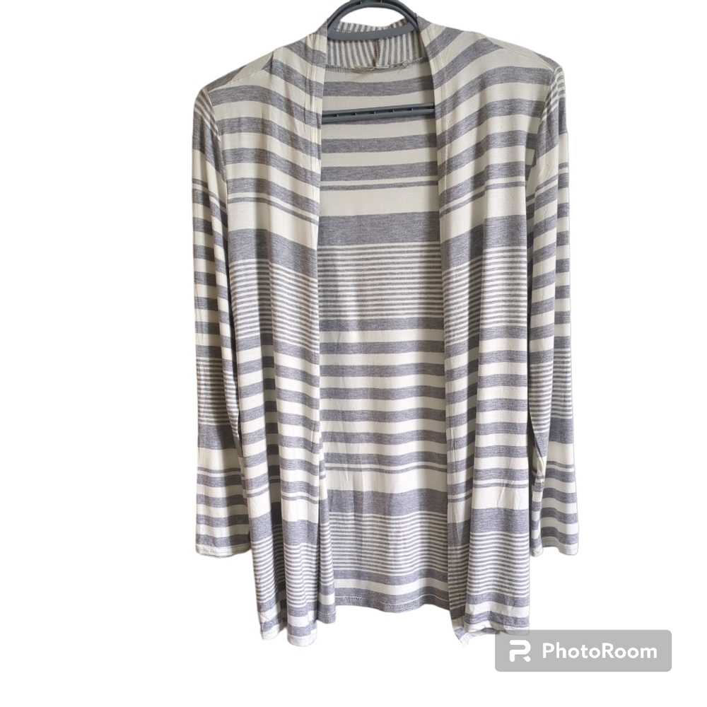 Cyrus Grey/White Striped Jersey Knit Open‎ Cardigan